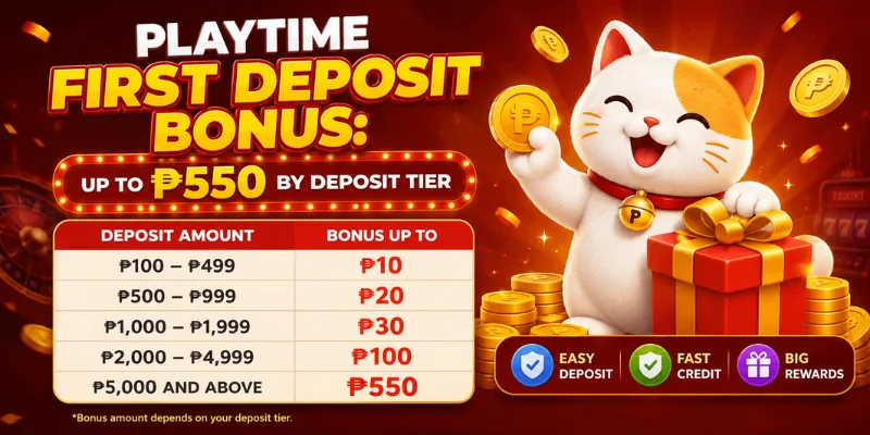 Playtime First Deposit Bonus: Up to ₱550 by Deposit Tier 5 playtime first deposit bonus